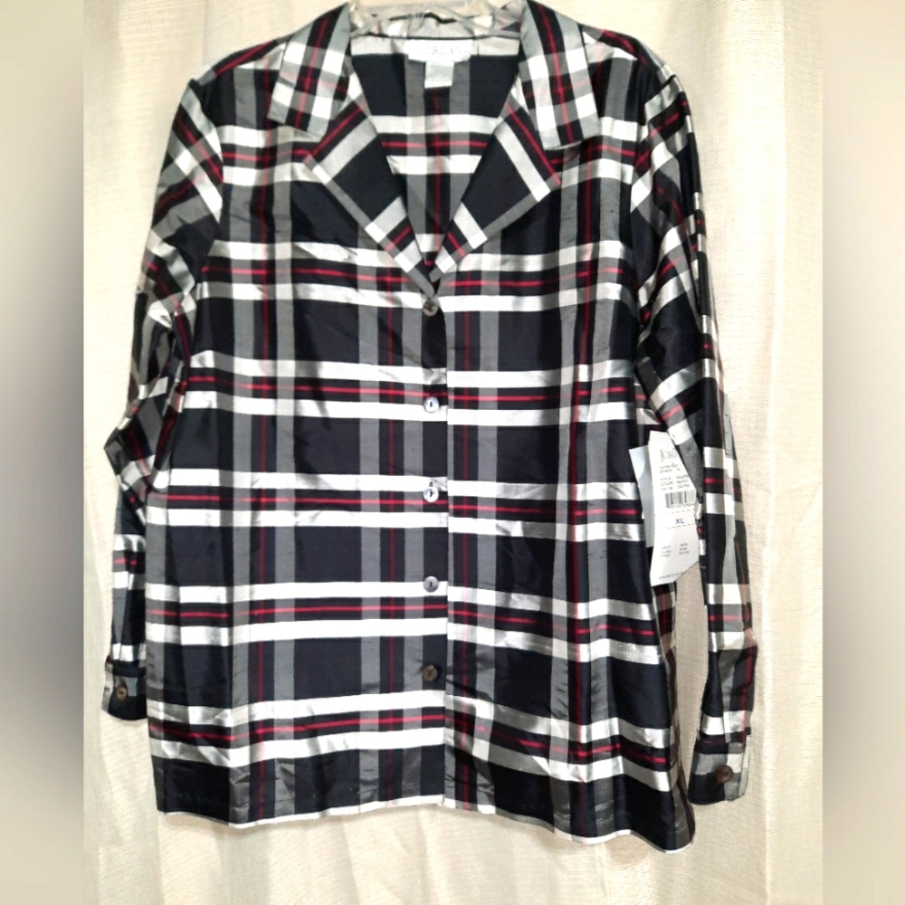 JORDAN pure silk black plaid button down blouse NWT Xlarge retro '80s